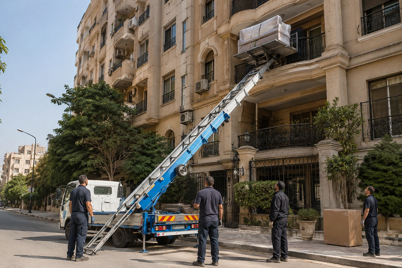 ونش رفع أثاث أمام عمارة في القاهرة